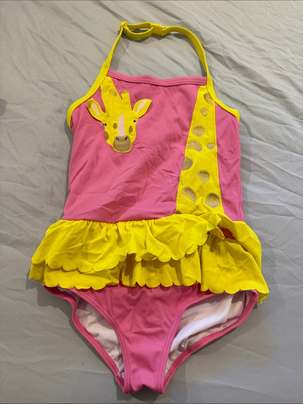 NWOT Mini Boden Girls' Pink and Yellow Giraffe Ruffle Swim Suit